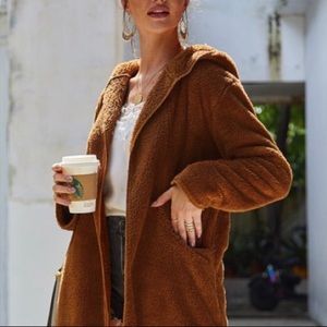 Teddy Faux Fur Open front Hooded Coat